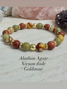 Alashan Agate, Xiyuan Jade & Goldstone Gemstone Beaded Stretch Bracelet
